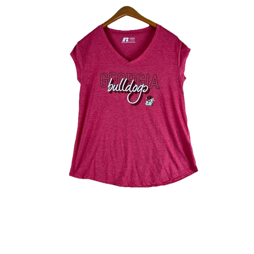 Russell GEORGIA BULLDOGS Women's Red Small DAWGS V Neck T-Shirt Top